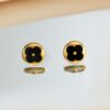 Brincos Femininos Aco Inoxidavel 316L Dourado Flor Preta Antialergico