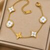 Pulseira Feminina Aco Inoxidavel 316L Dourada Flores Madreperola Branca Antialergica