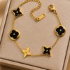 Pulseira Feminina Aco Inoxidavel 316L Dourada Flores Pretas Antialergica
