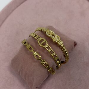 Kit de Pulseiras Feminino Aco Inoxidavel 316L Dourado Trio de pulseiras de elos variados Antialergico