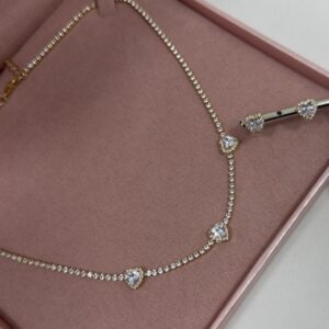 Conjunto Feminino Dourado Colar riviera com pingente de coracao e brincos Semijoia Antialergica