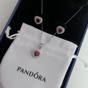 Colar + brinco coração rosa Pandora