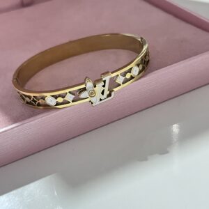 Pulseira Bracelete LV Branco Dourado Aço Inox