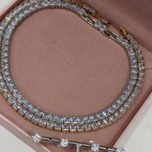 Conjunto Feminino Colar Riviera de Zirconias Quadradas e Brinco Dourado e Prata