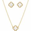 Conjunto Trevo Aco Inoxidavel Dourado Colar e Brinco Branco