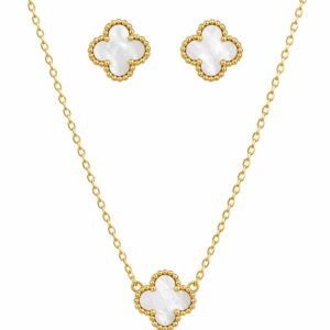 Conjunto Trevo Aco Inoxidavel Dourado Colar e Brinco Branco
